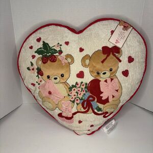 Valentines Day Teddy Bear Heart Shaped Reversible Pillow Embroidered NWT